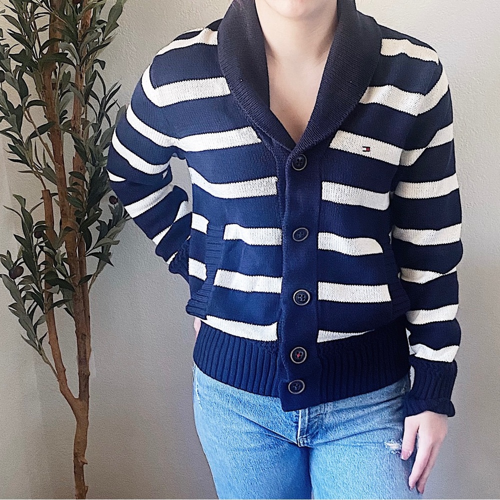 Tommy Hilfiger Preppy Nautical Beach Cardigan Navy and White Stripe Size…